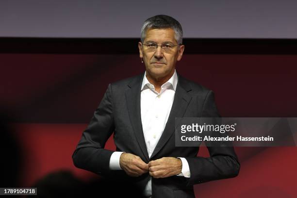 Herbert Hainer, President of FC Bayern München speaks during the annual general meeting of football club FC Bayern Muenchen at Rudi-Sedlmayer-Halle...