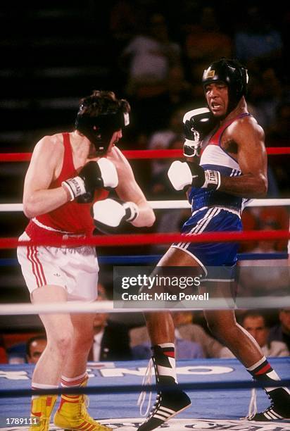 Teofilo Stevenson throws a punch during a World Amateur Boxing fight in Reno, Nevada. Mandatory Credit: Mike Powell /Allsport