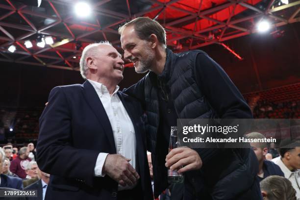 Honorary President Uli Hoeness attends with head coach of FC Bayern München Thomas Tuchel the annual general meeting of football club FC Bayern...