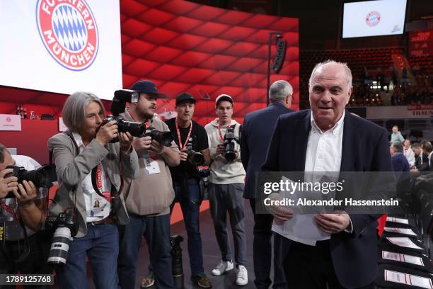 Honorary President Uli Hoeness attends the annual general meeting of football club FC Bayern Muenchen at Rudi-Sedlmayer-Halle on November 12, 2023 in...