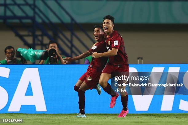 Leenhan Romero of Venezuela celebrates after scoring the team's second goal during the FIFA U-17 World Cup Group F match between Venezuela and New...