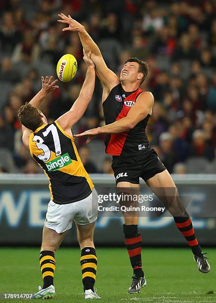 David Hille of the Bombers competes in the ruck against Orren Stephenson of the Tigers during the round 23 AFL match between the Essendon Bombers and...