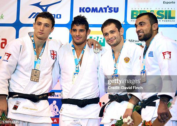 Under 90kgs medal ceremony Silver: Varlam Liparteliani GEO, Gold: Asley Gonzalez CUB, Bronzes: Kirill Denisov RUS and Ilias Iliadis GRE at the Rio...