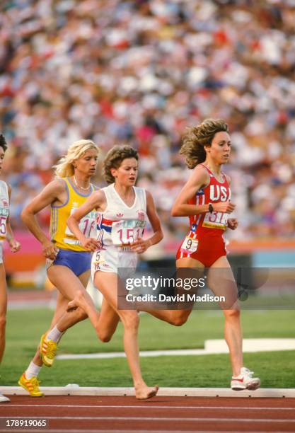 Maricica Puica , Zola Budd and Mary Decker run the Women's 3000 meter final of the 1984 Olympics held in the Los Angeles Memorial Coliseum in Los...