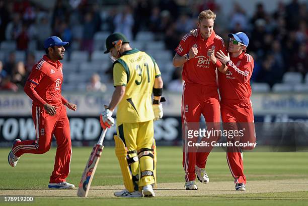 Stuart Broad of England celebrates dismissing Aaron Finch of Australia during the 2nd NatWest Series T20 match between England and Australia at...