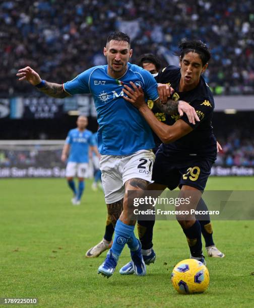 Matteo Politano of SSC Napoli battles for possession with Youssef Maleh of Empoli FC during the Serie A TIM match between SSC Napoli and Empoli FC at...