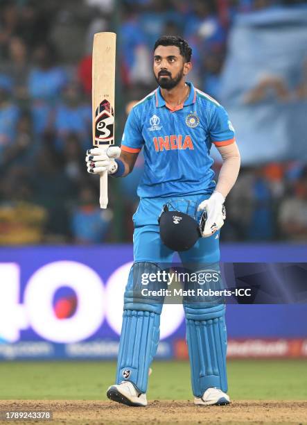 Rahul of India celebrates his century during the ICC Men's Cricket World Cup India 2023 between India and Netherlands at M. Chinnaswamy Stadium on...