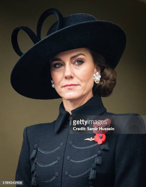 Catherine, Princess of Wales during the National Service of Remembrance at The Cenotaph on November 12, 2023 in London, England. Every year, members...