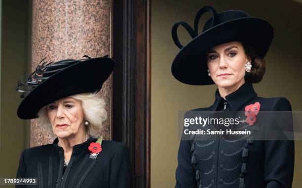 Queen Camilla and Catherine, Princess of Wale during the National Service of Remembrance at The Cenotaph on November 12, 2023 in London, England....