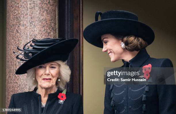 Queen Camilla and Catherine, Princess of Wales during the National Service of Remembrance at The Cenotaph on November 12, 2023 in London, England....