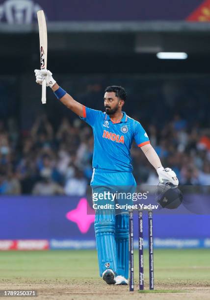Rahul of India celebrates his century during the ICC Men's Cricket World Cup India 2023 between India and Netherlands at M. Chinnaswamy Stadium on...