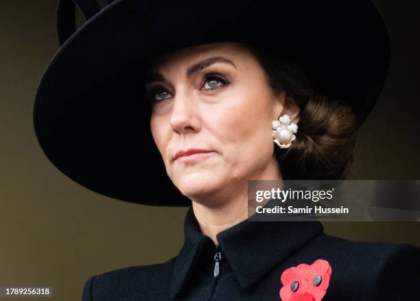 Catherine, Princess of Wales during the National Service of Remembrance at The Cenotaph on November 12, 2023 in London, England. Every year, members...