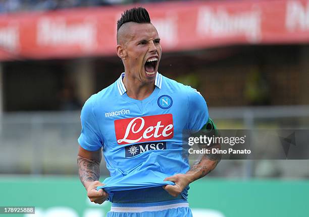 Marek Hamsik of SSC Napoli celebrates after scoring his opening goal during the Serie A match between AC Chievo Verona and SSC Napoli at Stadio...