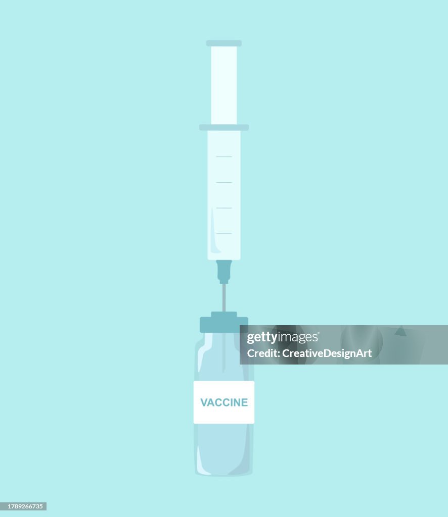 Vaccine Bottle And Syringe On Turquoise Background. Vaccination, Healthcare And Medicine Concepts
