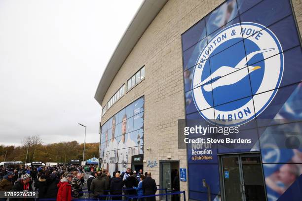 General view as fans arrive outside the stadium prior to the Premier League match between Brighton & Hove Albion and Sheffield United at American...