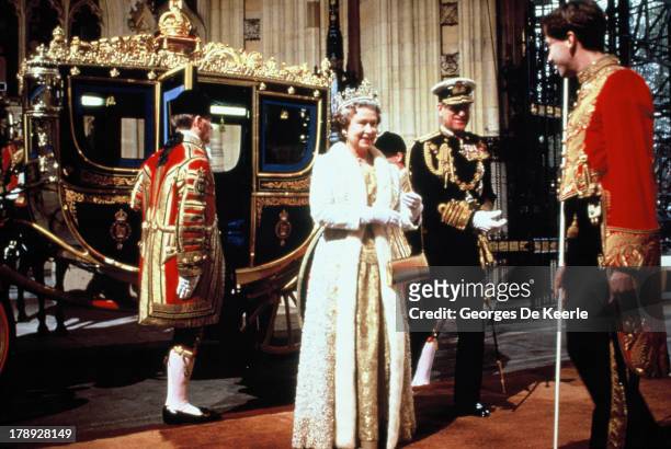 Queen Elizabeth II and Prince Philip at the State Opening of Parliament on November 7, 1990 in London, England.