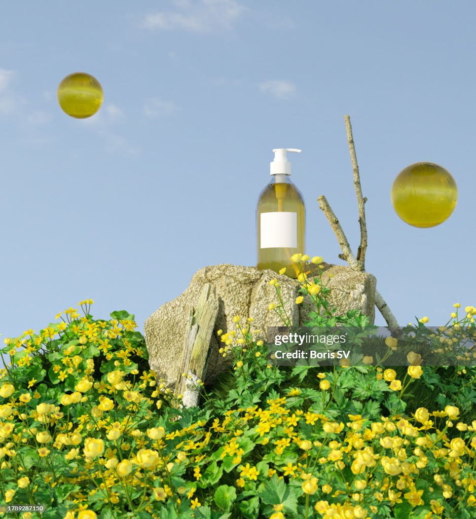 Organic beauty product on rock, summer