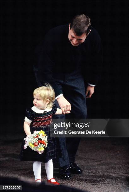 Prince Andrew, Duke of York, and his daughter Beatrice visit Sarah, Duchess of York, and the newborn Princess Eugenie at The Portland Hospital on...