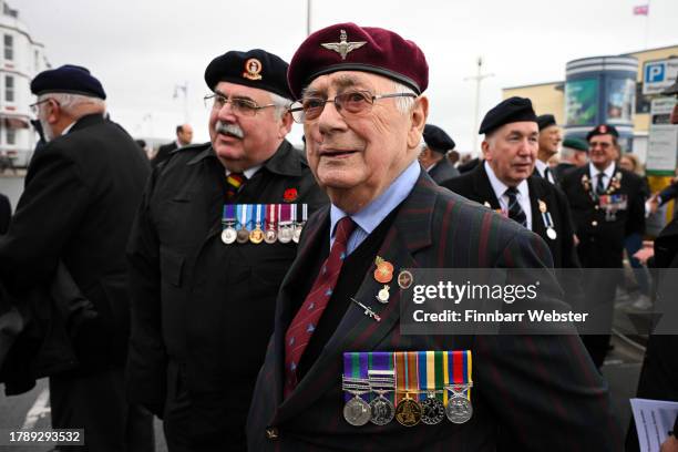 Veterans gather before the Remembrance Day Sunday service, wreath laying and parade at the Cenotaph, on November 12, 2023 in Weymouth, United Kingdom.