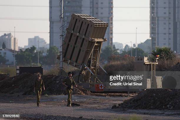 Israeli soldiers at the 'Iron Dome' missile defense system as it is deployed on August 31, 2013 in Tel Aviv, Israel. Tensions are rising in Israel...