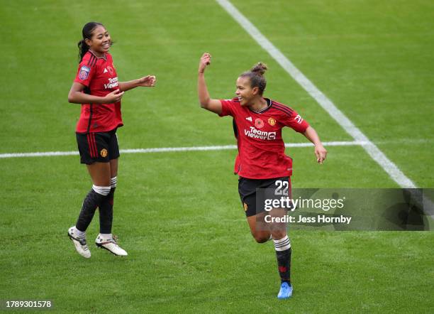 Nikita Parris of Manchester United celebrates after scoring the team's third goal during the Barclays Women´s Super League match between Manchester...