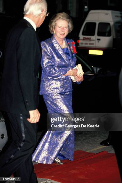 Margaret Thatcher and her husband Denis Thatcher attend the State Banquet given by Former Polish President Lech Walesa in honor of the Queen on April...