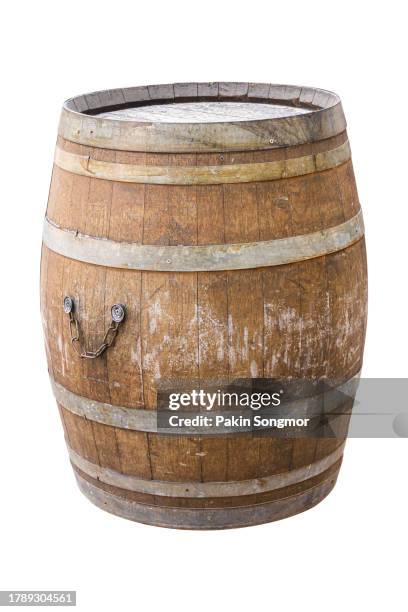 wooden barrel for champagne, wine, whiskey, rum, beer, with steel ring is isolated on a white background. clipping path - barril fotografías e imágenes de stock