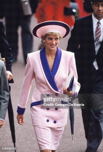 Diana, Princess of Wales, attends the second day of Royal Ascot on June 20, 1990 in Ascot, England. The Princess wears a Catherine Walker suit.