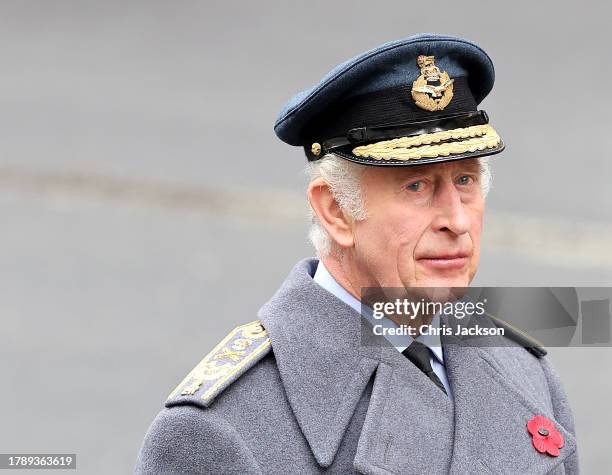 King Charles III pays his respects during the National Service of Remembrance at The Cenotaph on November 12, 2023 in London, England. Every year,...