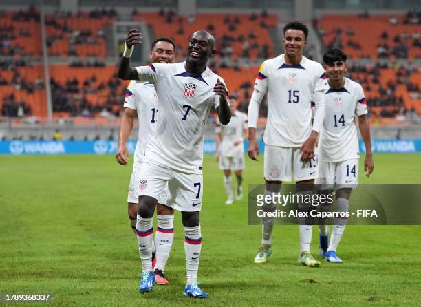 Nimfasha Berchimas of USA celebrates after scoring the team's third goal during the FIFA U-17 World Cup Group E match between Korea Republic and USA...
