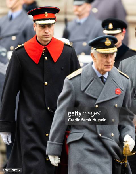 Prince William, Prince of Wales and King Charles III during the National Service of Remembrance at The Cenotaph on November 12, 2023 in London,...