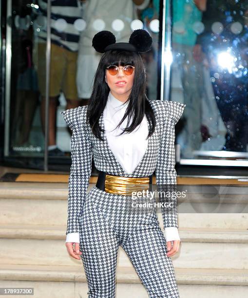 Lady Gaga leaves her London hotel wearing Mickey Mouse ears on August 31, 2013 in London, England.