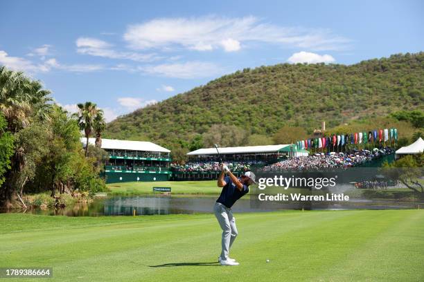 Max Homa of the United States plays his second shot on the 18th hole during Day Four of the Nedbank Golf Challenge at Gary Player CC on November 12,...