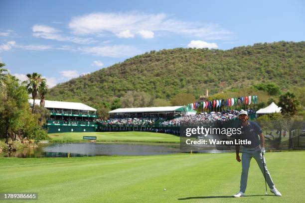 Max Homa of the United States prepares to play his second shot on the 18th hole during Day Four of the Nedbank Golf Challenge at Gary Player CC on...