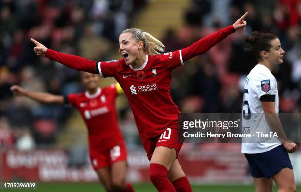 Sophie Roman Haug of Liverpool celebrates after scoring the team's first goal during the Barclays Women´s Super League match between Tottenham...