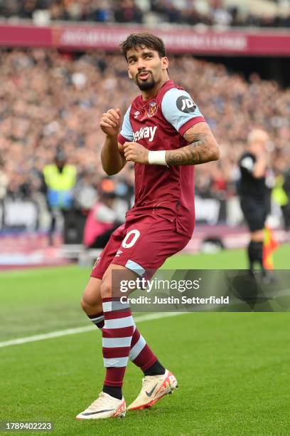 Lucas Paqueta of West Ham United celebrates after scoring the team's first goal during the Premier League match between West Ham United and...