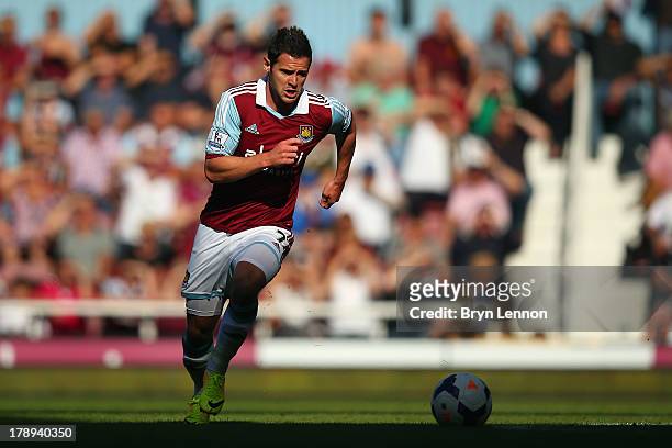 Matt Jarvis of West Ham United in action during the Barclays Premier League match between West Ham United and Cardiff City at the Bolyen Ground on...