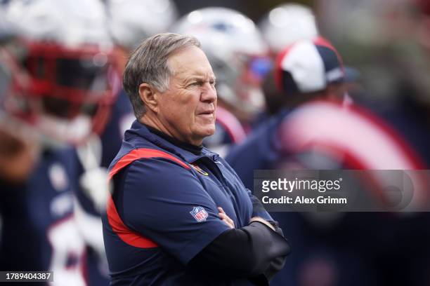 Bill Belichick, Head Coach of the New England Patriots, looks on during the NFL match between Indianapolis Colts and New England Patriots at Deutsche...