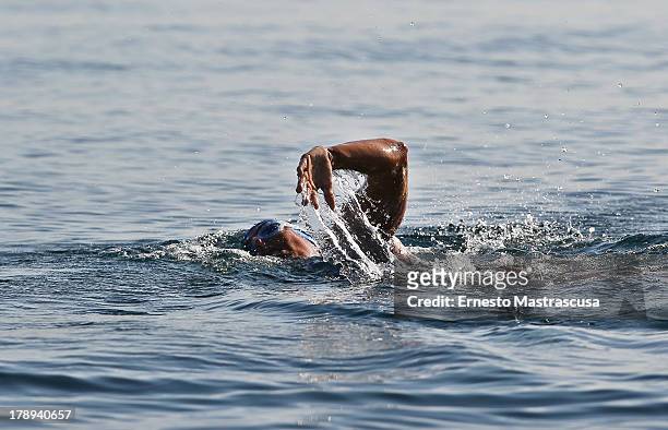 American swimmer Diana Nyad swims in the sea during her fifth try of swimming across the Florida Strait, on August 31 2013, in Marina Hemingway, La...