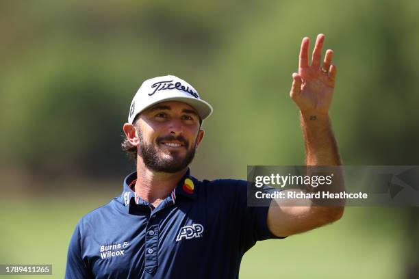 Max Homa of the United States acknowledges the crowd on the 18th green during Day Four of the Nedbank Golf Challenge at Gary Player CC on November...