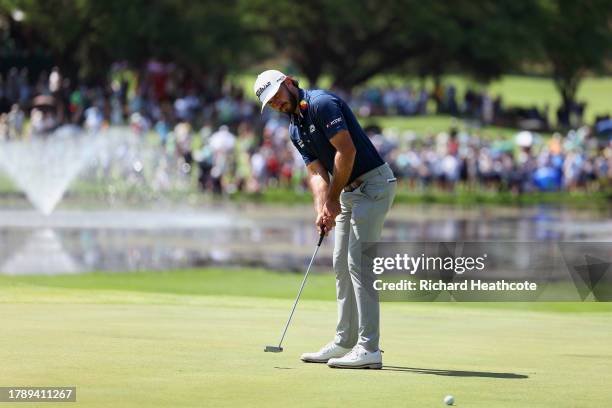 Max Homa of the United States putts on the 18th green during Day Four of the Nedbank Golf Challenge at Gary Player CC on November 12, 2023 in Sun...