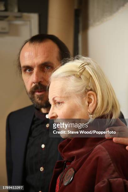 Backstage at the Vivienne Westwood show during Paris Fashion Week Autumn/Winter 2016/17, designer Vivienne Westwood with her husband and principal...