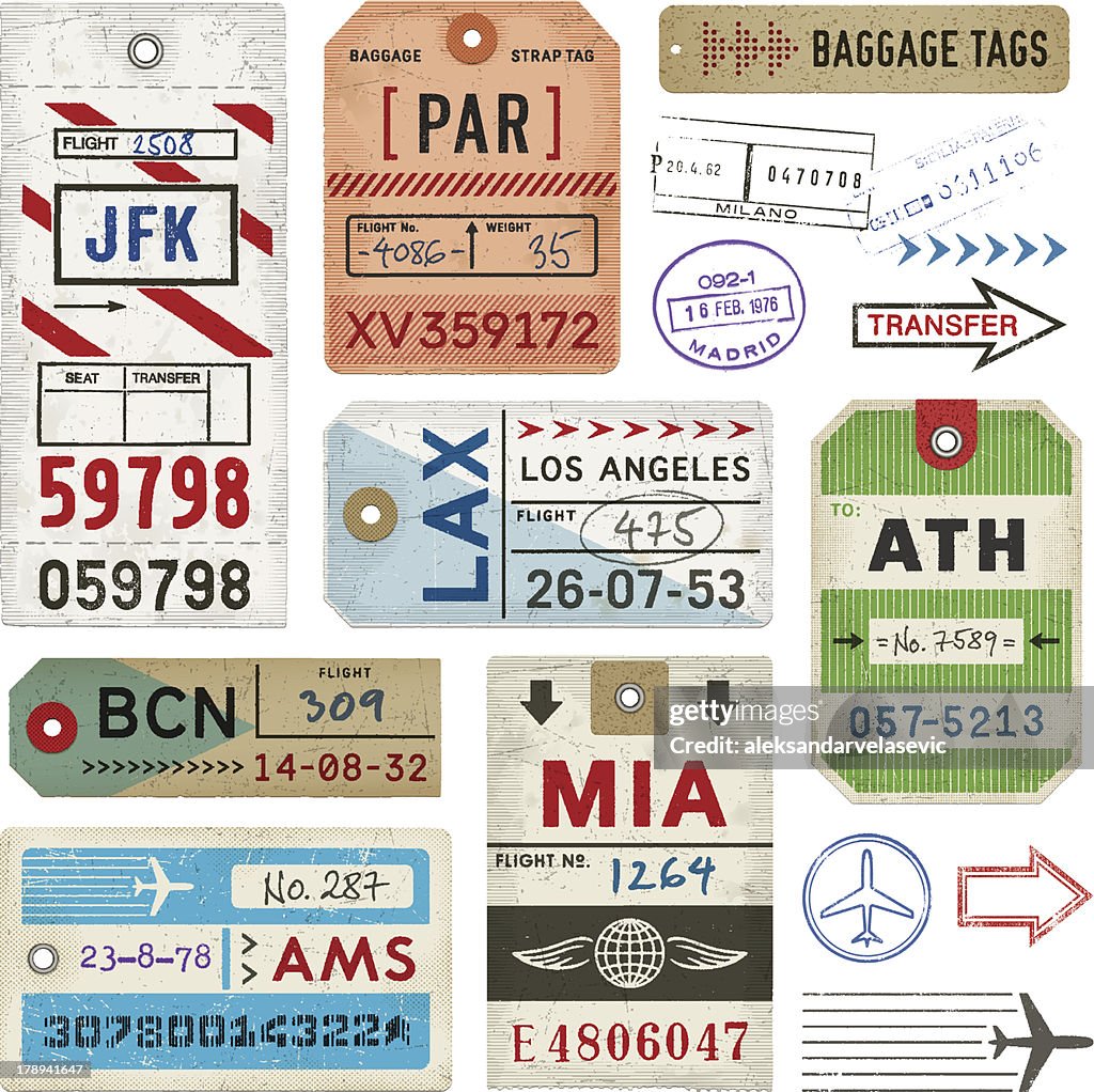 Étiquettes à bagages et timbres