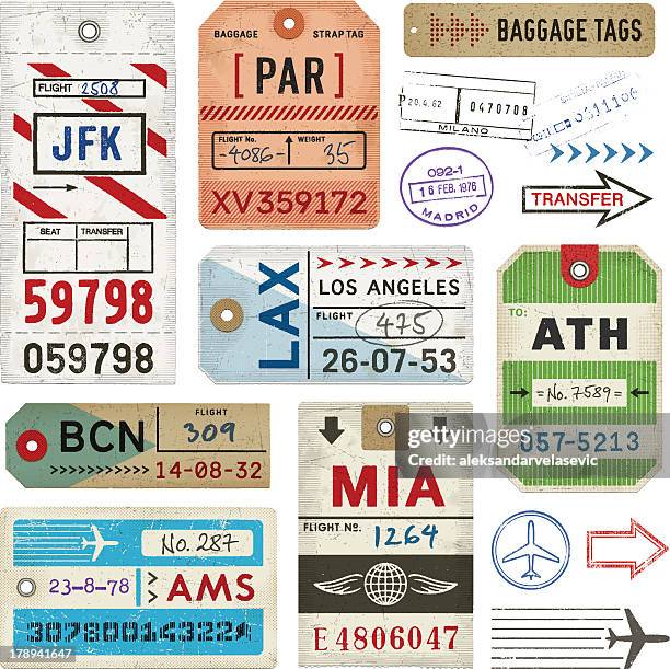 ilustrações de stock, clip art, desenhos animados e ícones de selos e etiquetas de bagagem - airplane ticket