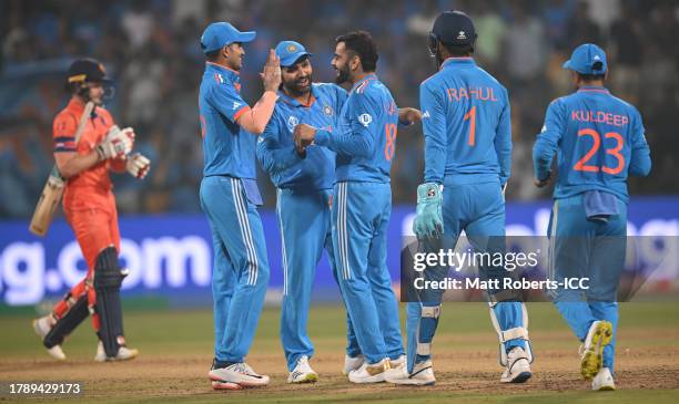 Virat Kohli of India celebrates the wicket of Scott Edwards of Netherlands during the ICC Men's Cricket World Cup India 2023 between India and...