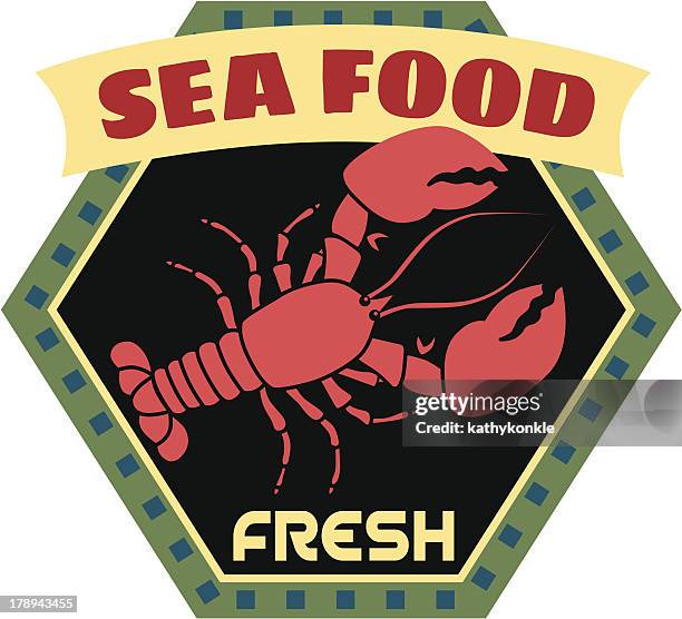 fresh seafood travel sticker or luggage label - luggage sticker stock illustrations