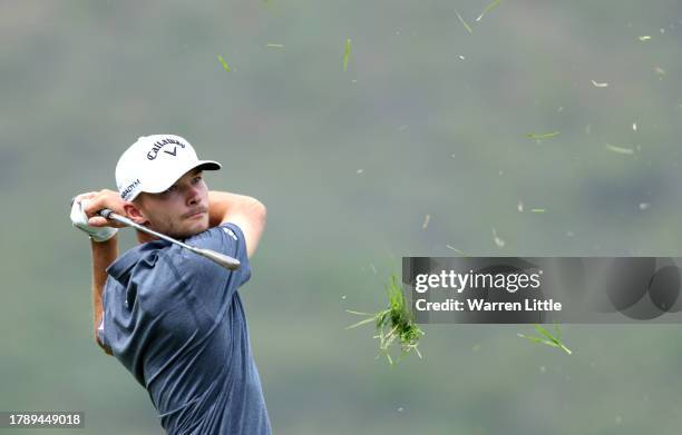 Nicolai Hojgaard of Denmark plays his second shot on the 2nd hole during Day Four of the Nedbank Golf Challenge at Gary Player CC on November 12,...