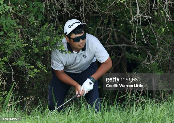 Ryo Hisatsune of Japan plays his second shot on the 3rd hole during Day Four of the Nedbank Golf Challenge at Gary Player CC on November 12, 2023 in...