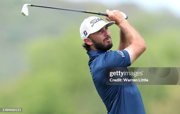 Max Homa of the United States plays his second shot on the 2nd hole during Day Four of the Nedbank Golf Challenge at Gary Player CC on November 12,...