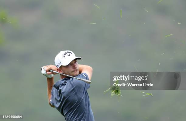 Nicolai Hojgaard of Denmark plays his second shot on the 2nd hole during Day Four of the Nedbank Golf Challenge at Gary Player CC on November 12,...